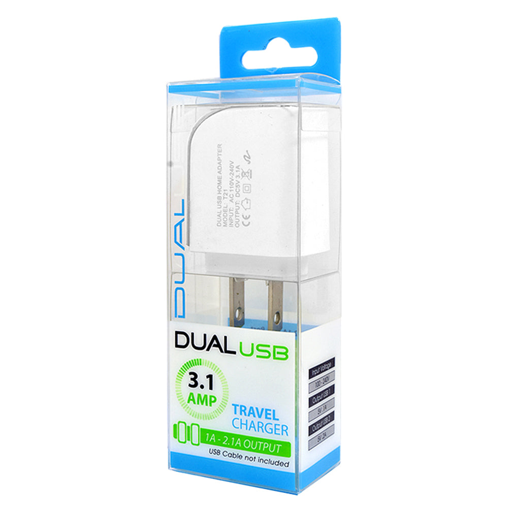 Universal Travel Dual USB Adapter Charger 3.1 Amp White