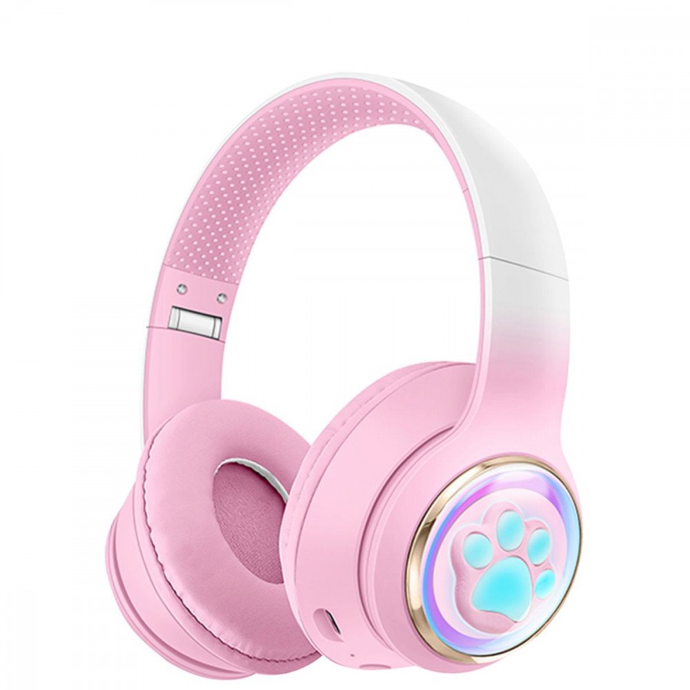 Kik_Cute Cat Paw LED Light Bluetooth Headphones - Over-Ear Gaming Headset for PC, Phone & Tablet AKZ61 for Universal Cell Phone And Bluetooth Device (Pink)