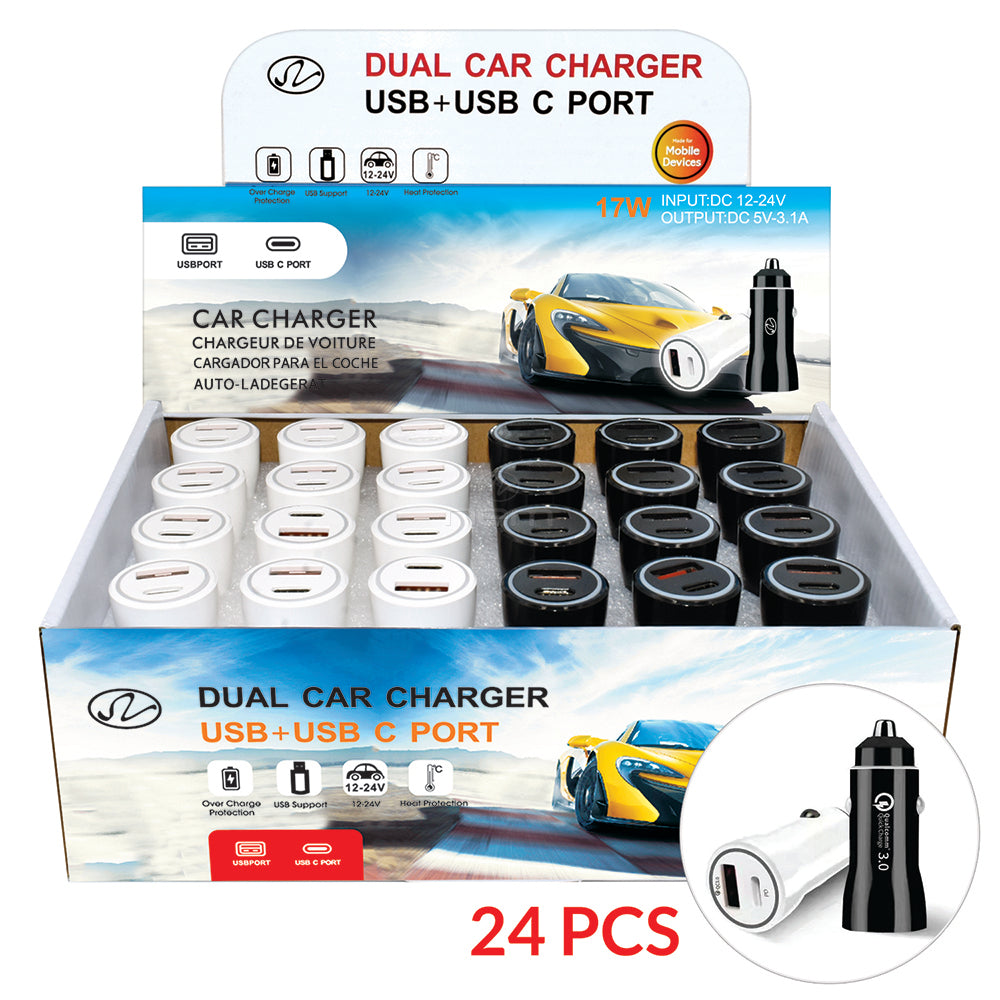 Car Charger Dual Ports USB & Type C 24 Pcs CC07 Black White