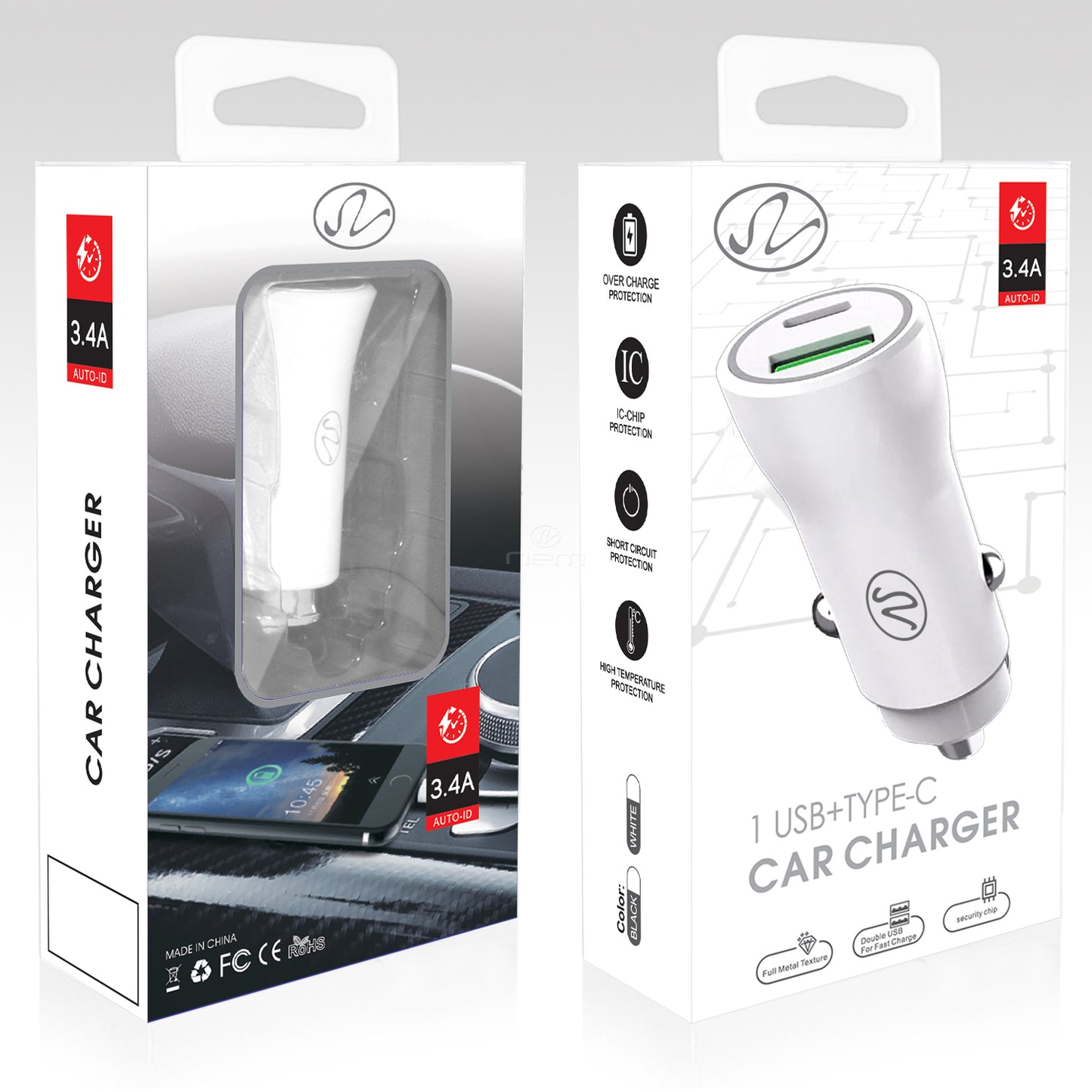 Car Adaptor 3.4A w. USB Port & Type C Port CCA1 White