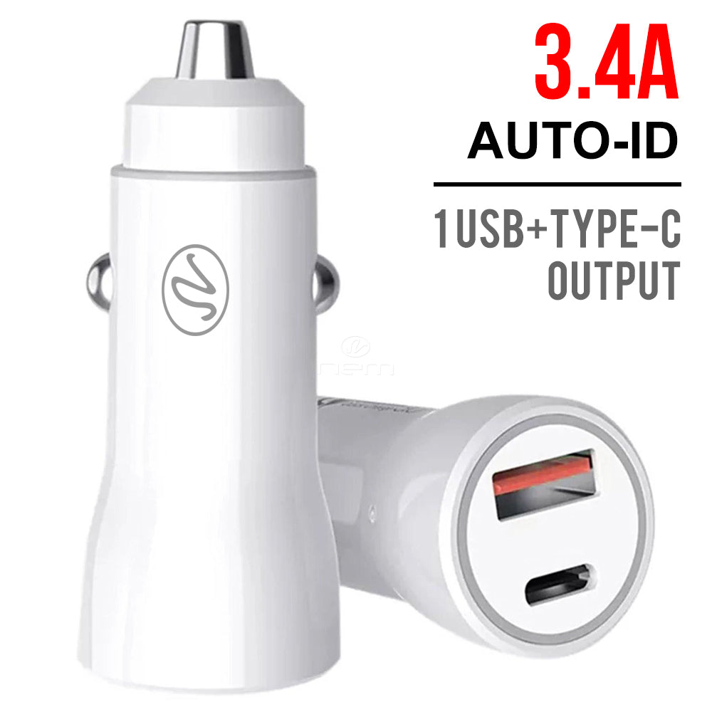 Car Adaptor 3.4A w. USB Port & Type C Port CCA1 White