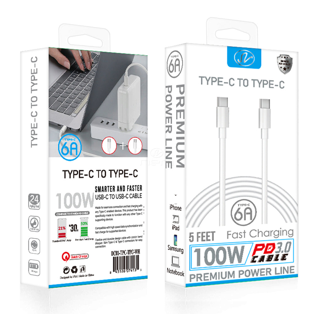 Universal TYPE-C TO TYPE-C CABLE 5 Ft. 6A 100W DC01 White