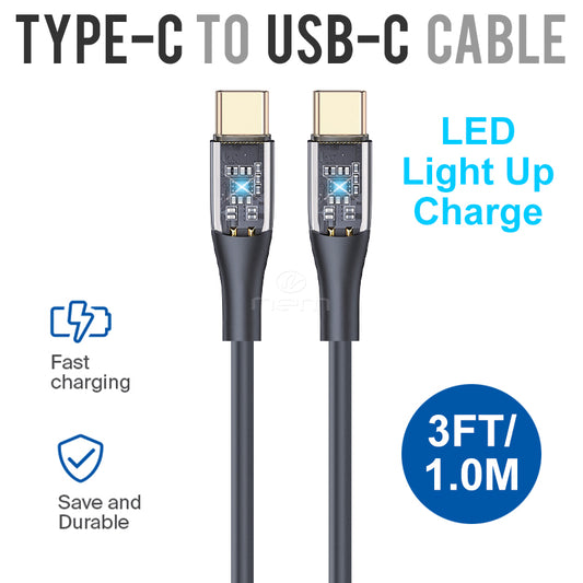 Universal LED Light Up TYPE-C TO USB-C CABLE 3Ft. DC18 Black