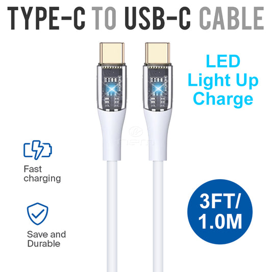 Universal LED Light Up TYPE-C TO USB-C CABLE 3Ft. DC18 White