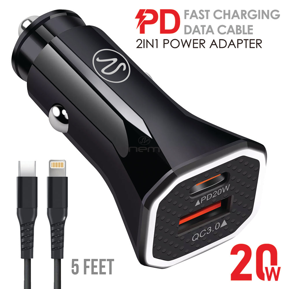 2in1 Car USB Adapter 20W + TYPE-C/IP Data Cable HD2CC Black