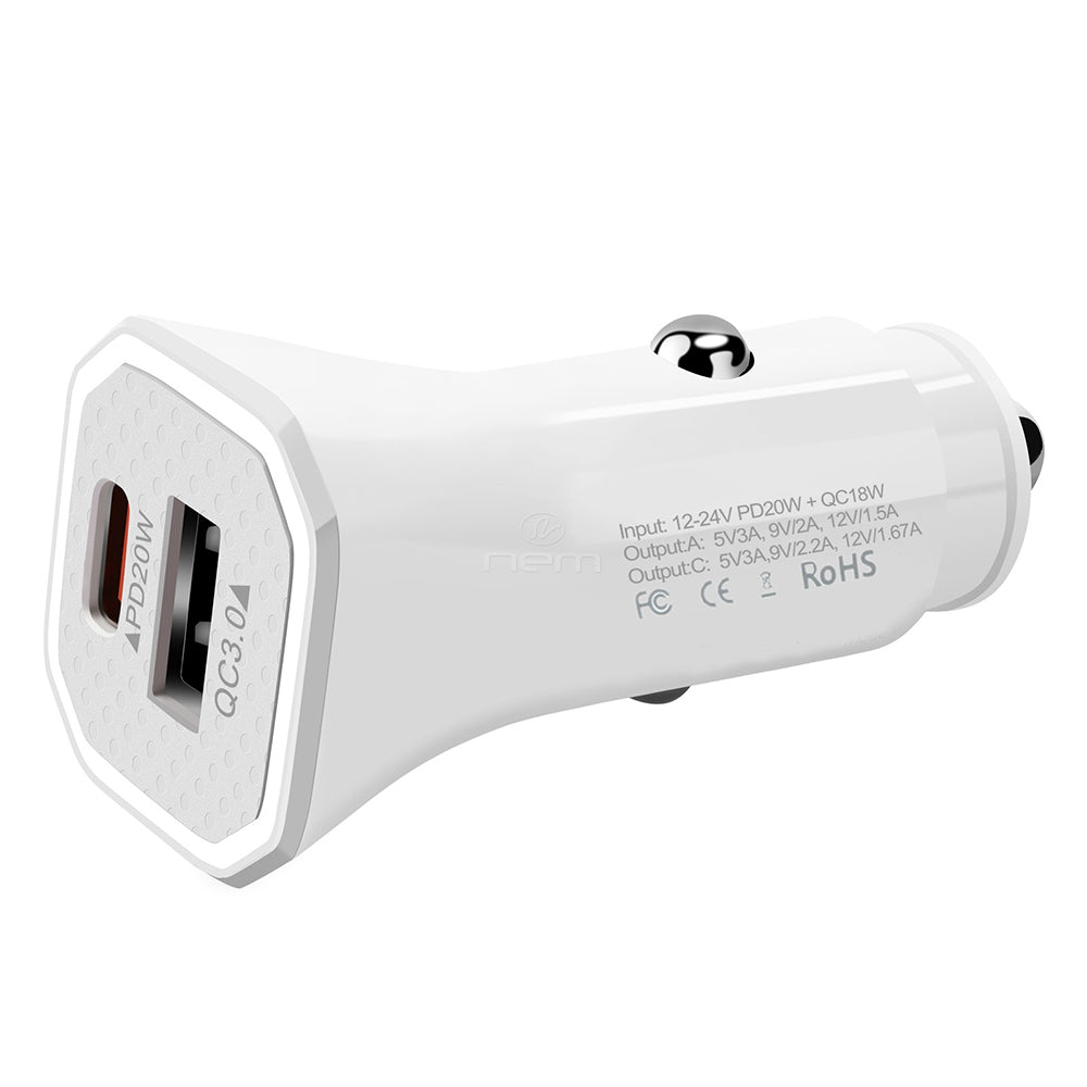 2in1 Car USB Adapter 20W + TYPE-C/IP Data Cable HD2CC White