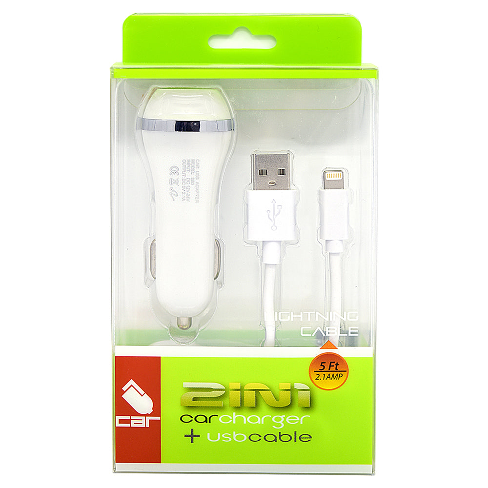 Apple iPhone 2 In 1 Car Charger + Lightning USB Cable White