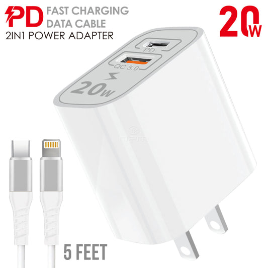 2-In-1 Home Charger 20W + Lightning to Type-C Cable HD2TC