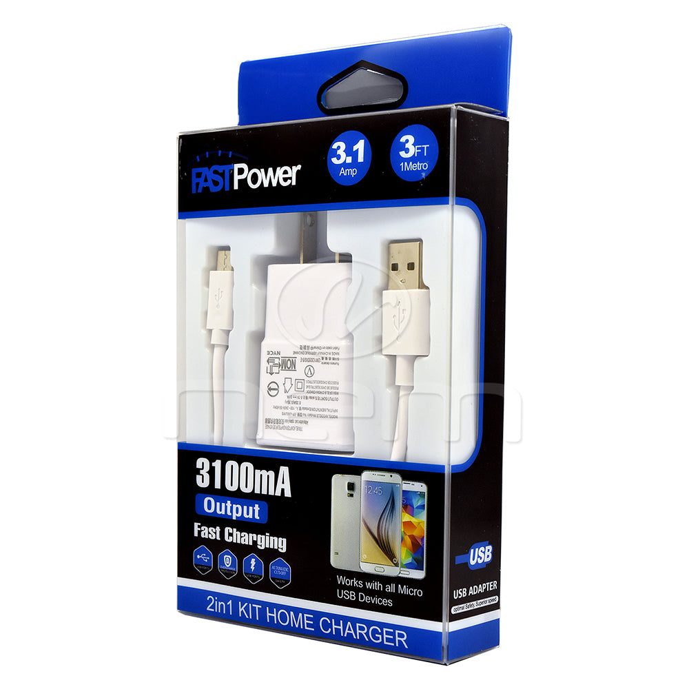 2n1 Travel Fast Charger & Micro USB/V8 Cable White