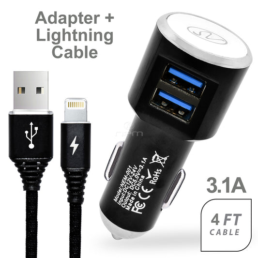 2-in-1 Car Charger Dual USB 3.1A w. Lightning Cable Black