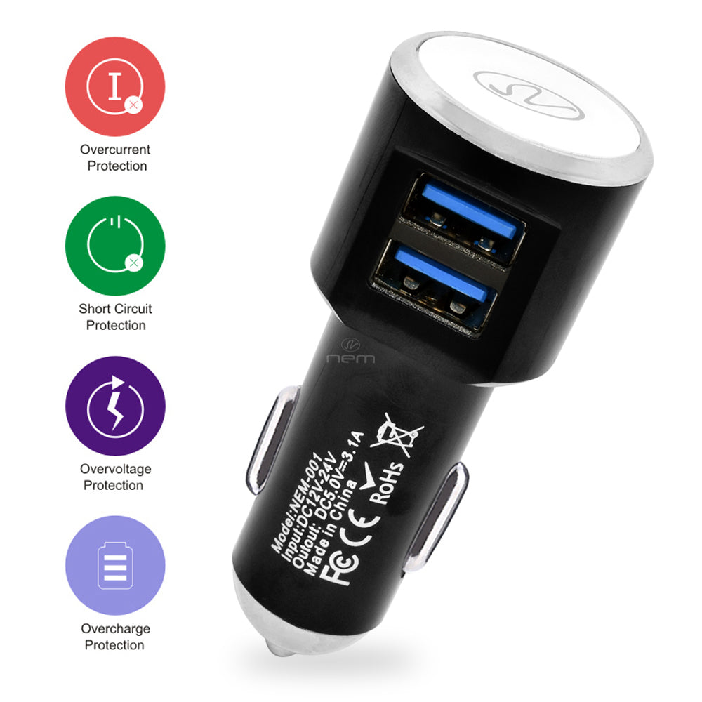 2-in-1 Car Charger Dual USB 3.1A w. Type C Cable Black