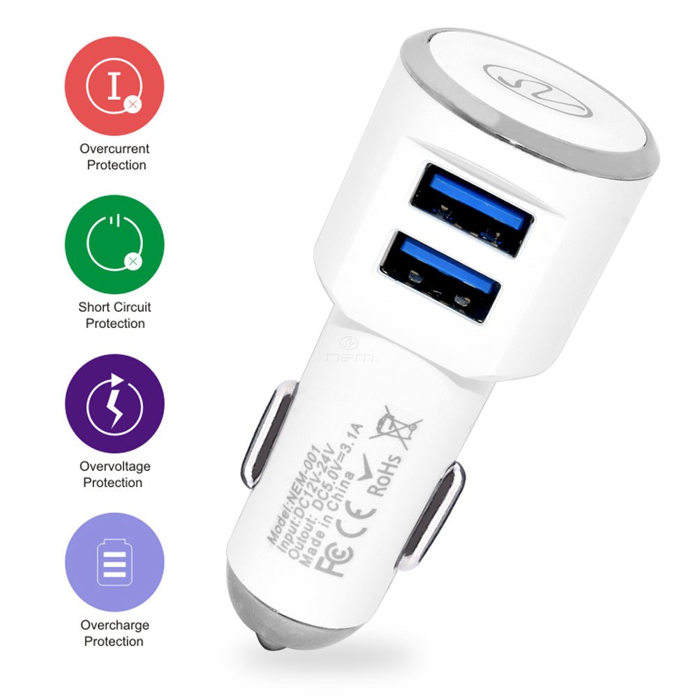 2-in-1 Car Charger Dual USB 3.1A w. Type C Cable White