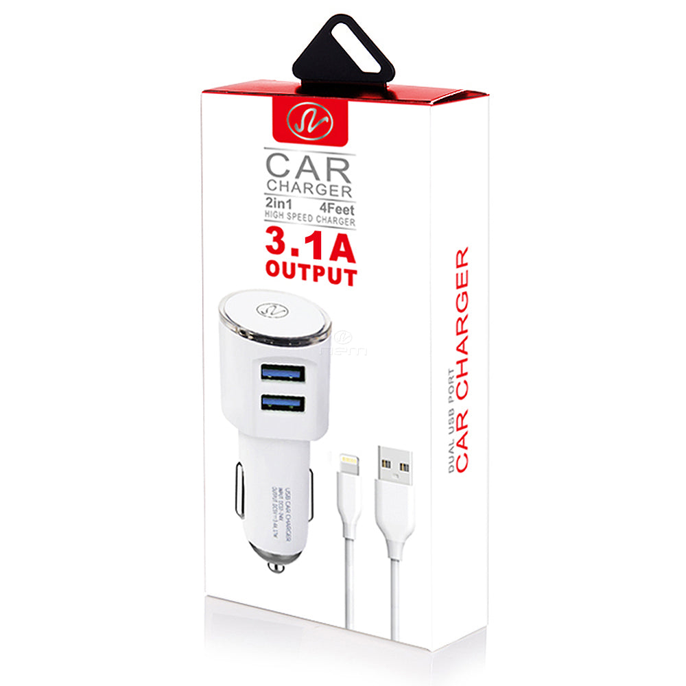 2-in-1 Car Charger Dual USB 3.1A w. Type C Cable White