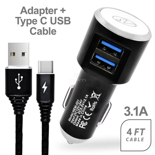 2-in-1 Car Charger Dual USB 3.1A w. Type C Cable Black