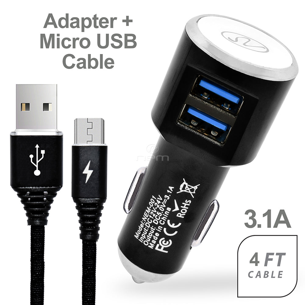 2-in-1 Car Charger Dual USB 3.1A w. Micro USB Cable Black