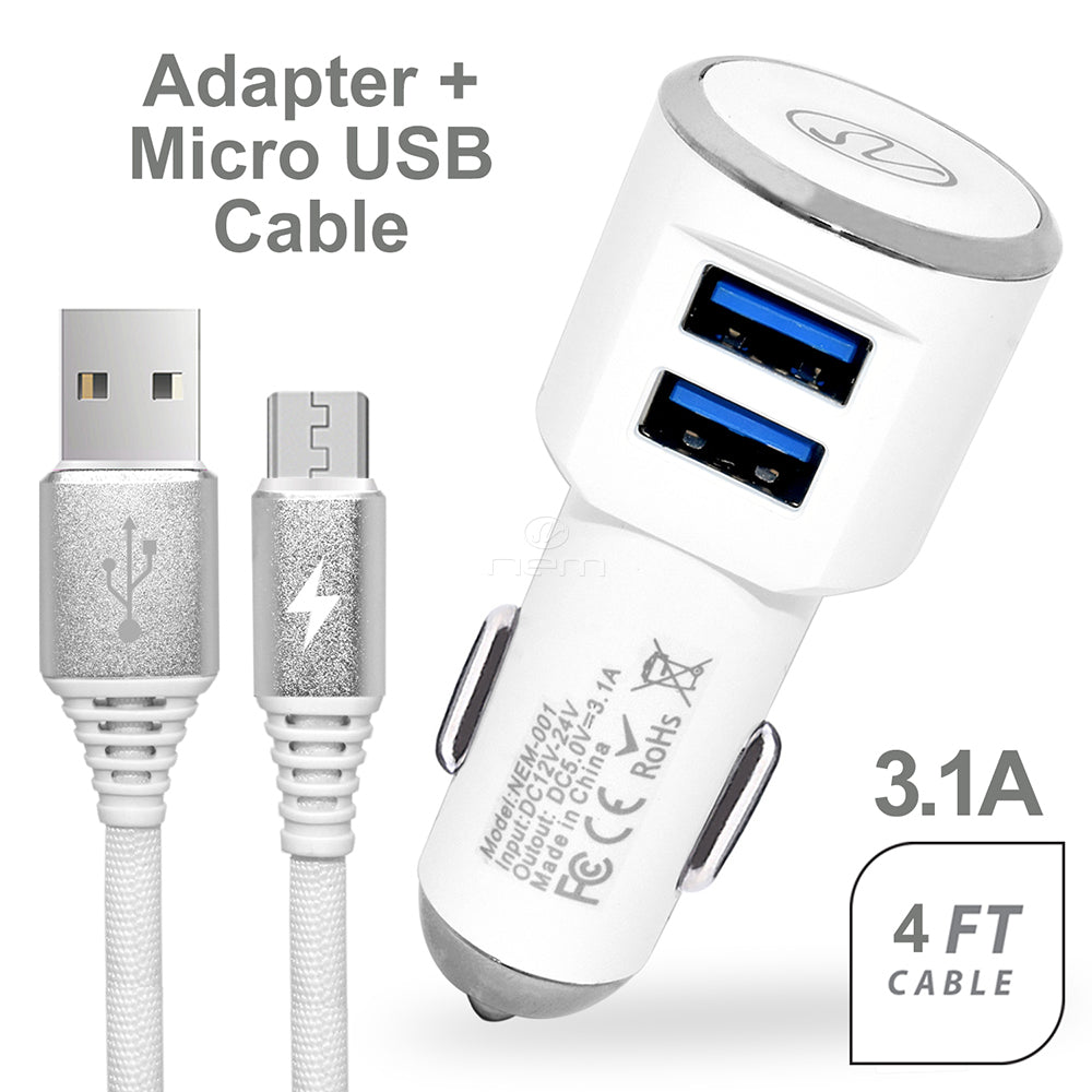 2-in-1 Car Charger Dual USB 3.1A w. Micro USB Cable White