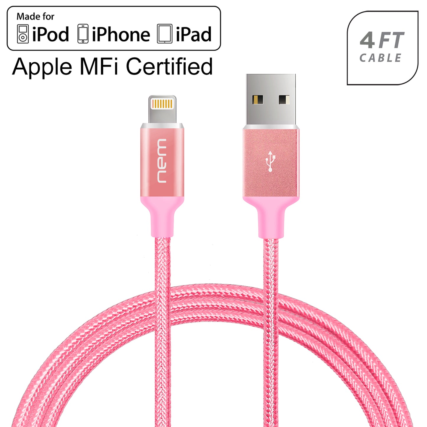 Apple MFi Certified Nylon Braided Lightning Cable 4Ft. RoseG