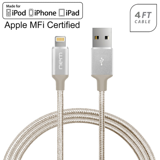 Apple MFi Certified Nylon Braided Lightning Cable 4Ft. Silve