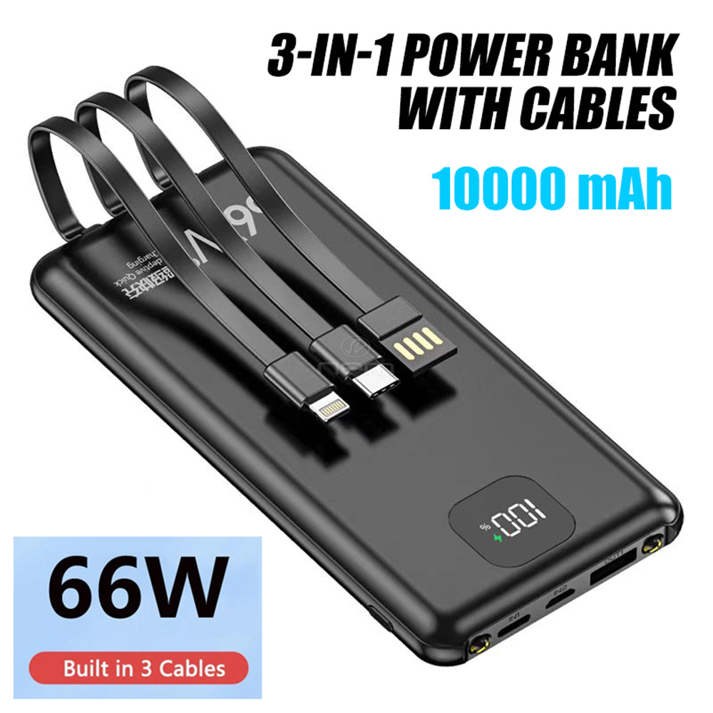 Fast Charging Power Bank 66W 10000mAh Built in Cable Black