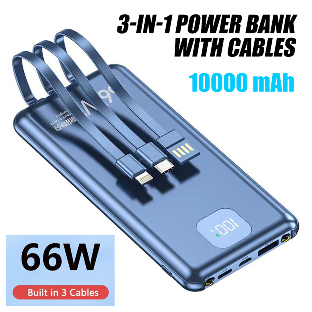 Fast Charging Power Bank 66W 10000mAh Built in Cable Blue