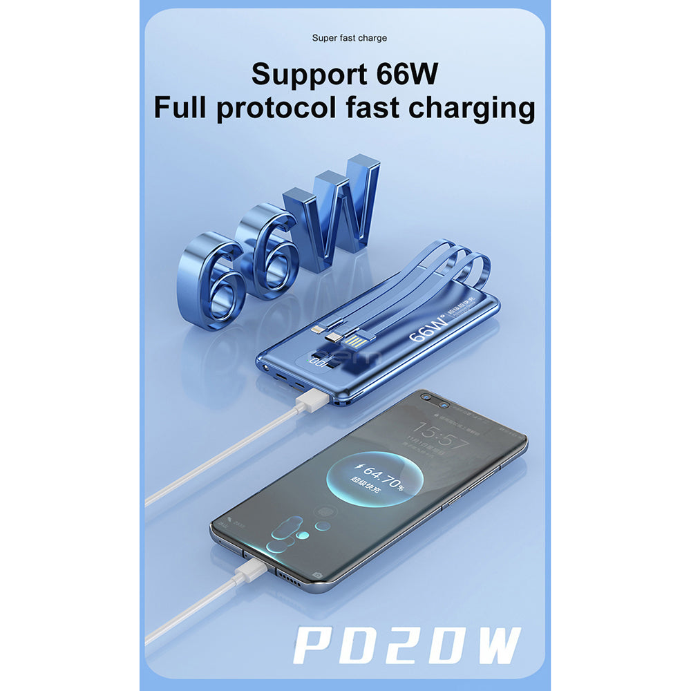 Fast Charging Power Bank 66W 10000mAh Built in Cable Blue