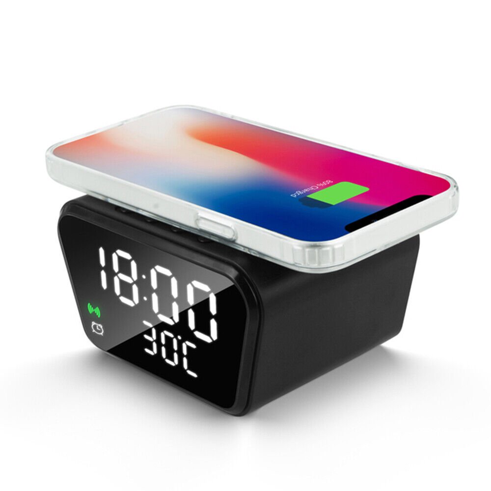 Kiko_15W Wireless Charging Alarm Clock with Temperature Display Adjustable Brightness and Snooze Function for Universal Cell Phones and Qi Compatible Device (Black)