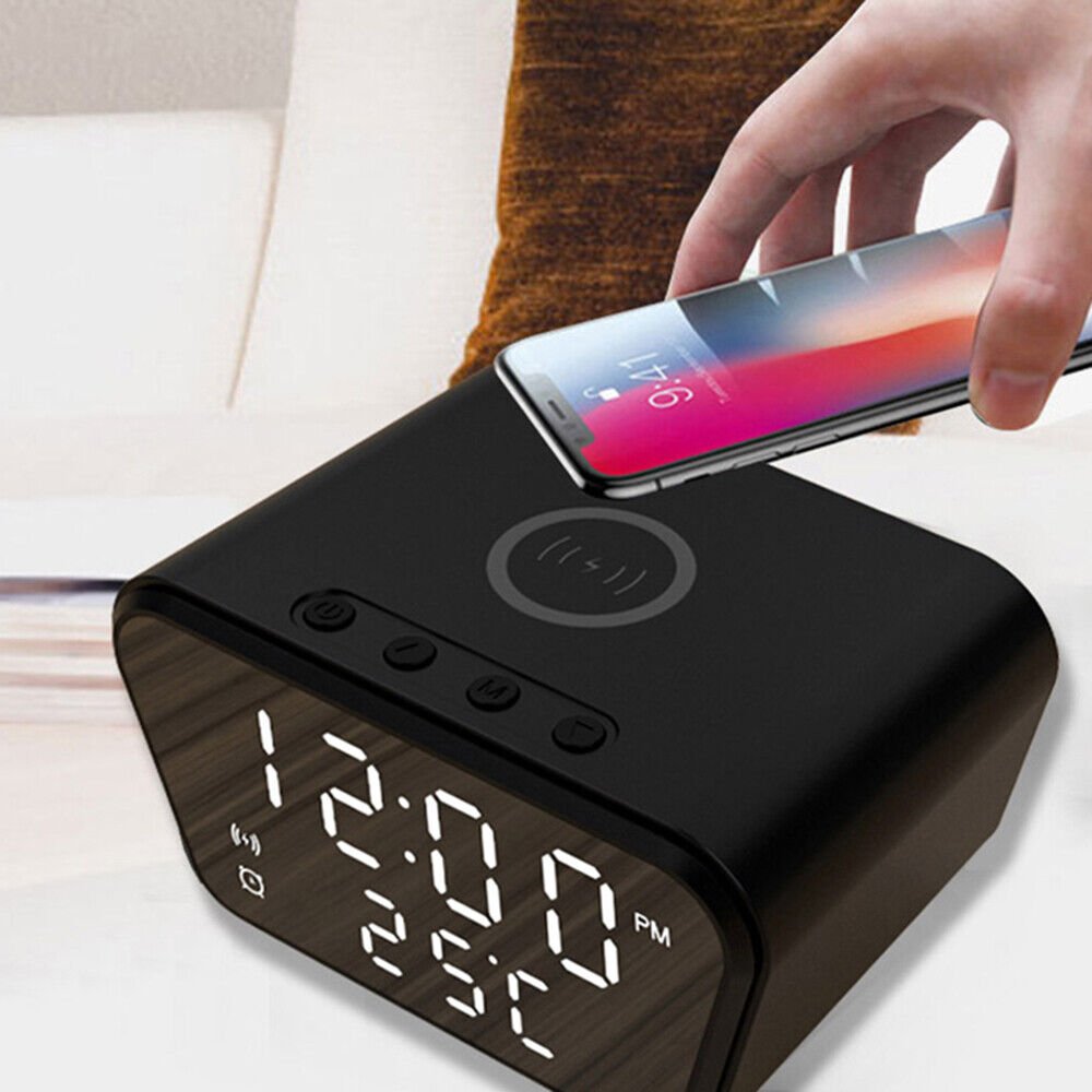 Kiko_15W Wireless Charging Alarm Clock with Temperature Display Adjustable Brightness and Snooze Function for Universal Cell Phones and Qi Compatible Device (Black)