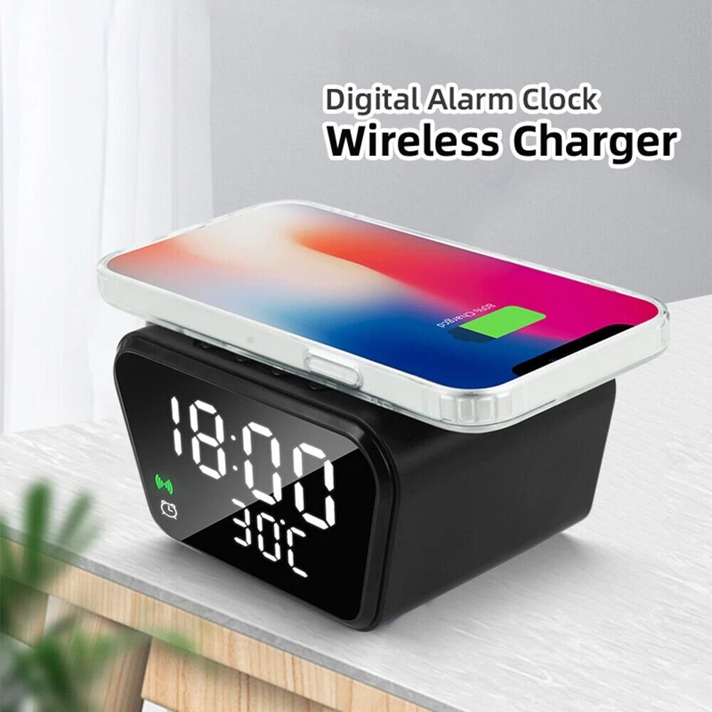 Kiko_15W Wireless Charging Alarm Clock with Temperature Display Adjustable Brightness and Snooze Function for Universal Cell Phones and Qi Compatible Device (Black)