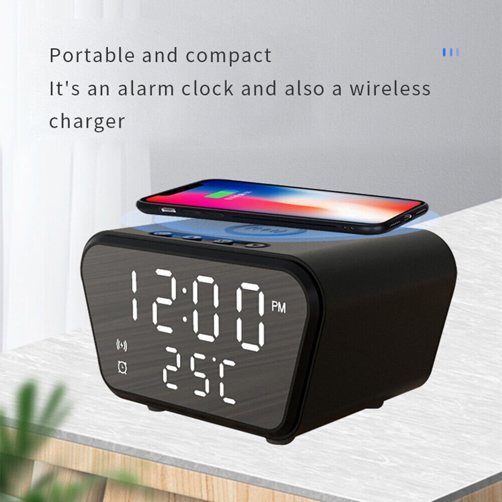 Kiko_15W Wireless Charging Alarm Clock with Temperature Display Adjustable Brightness and Snooze Function for Universal Cell Phones and Qi Compatible Device (Black)