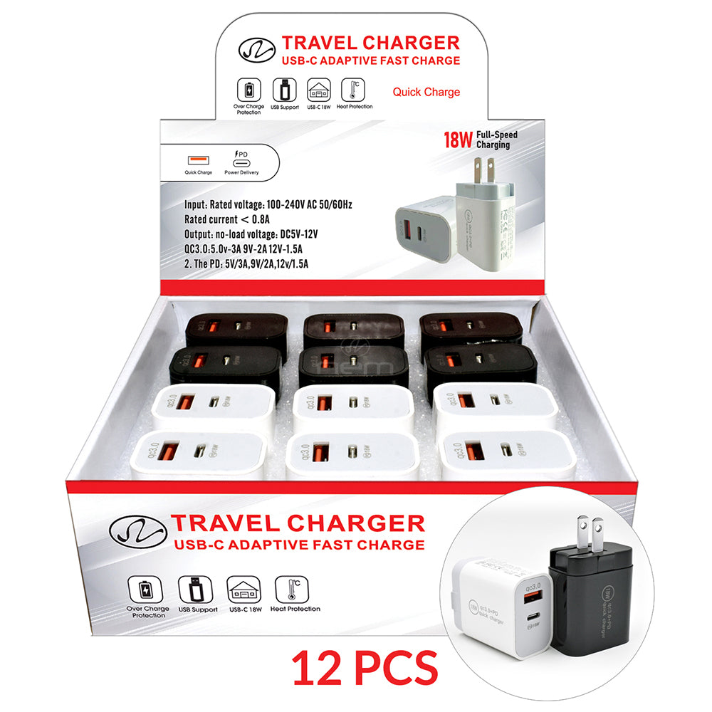 Home Charger Dual Ports USB & Type C 12 Pcs 6 Bk 6 Wh TC07