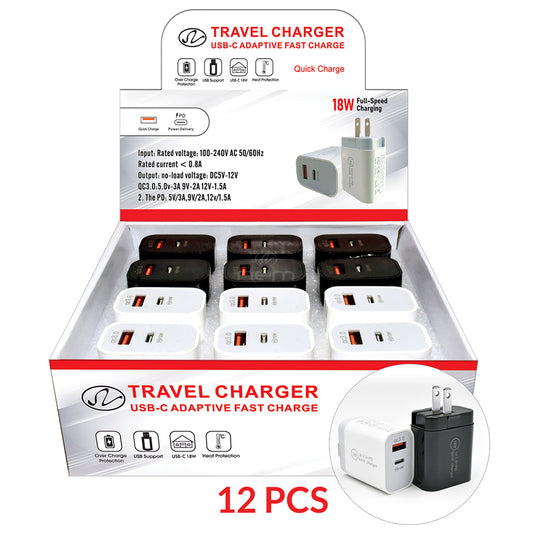 Home Charger Dual Ports USB & Type C 12 Pcs 6 Bk 6 Wh TC07